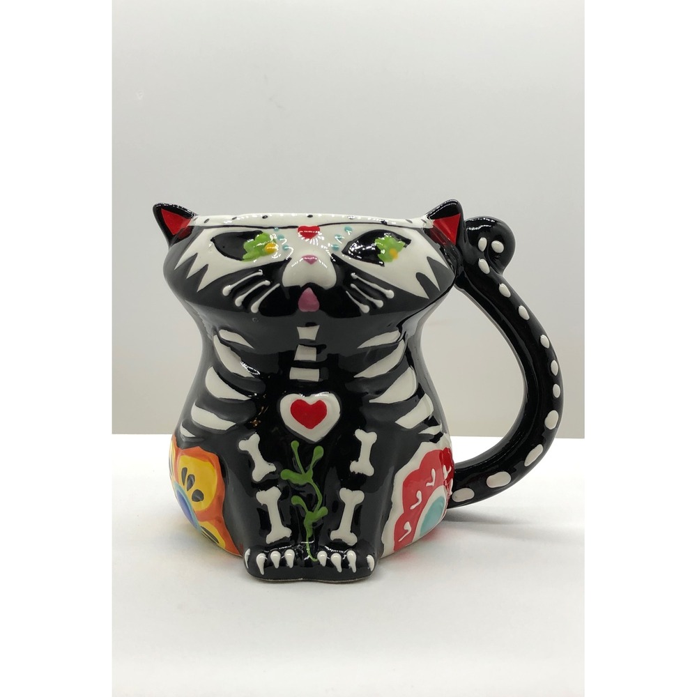 Spectrum Designz 2019 Day of the Dead Cat Mug Sugar Skull Skeleton Black Ceramic